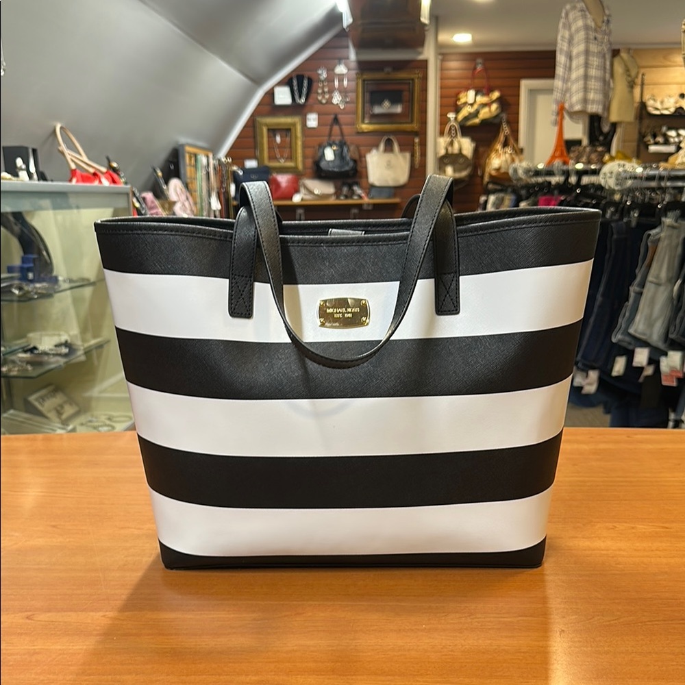 Michael Kors Black and White Striped Tote